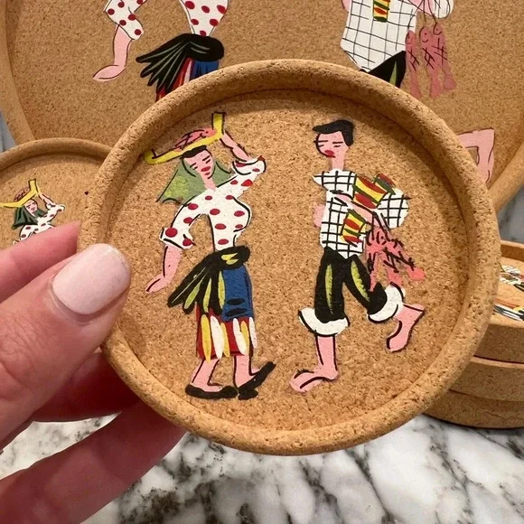 Mid-Century Hand-painted Portuguese Folk Cork Coaster Set - Picture 3 of 9